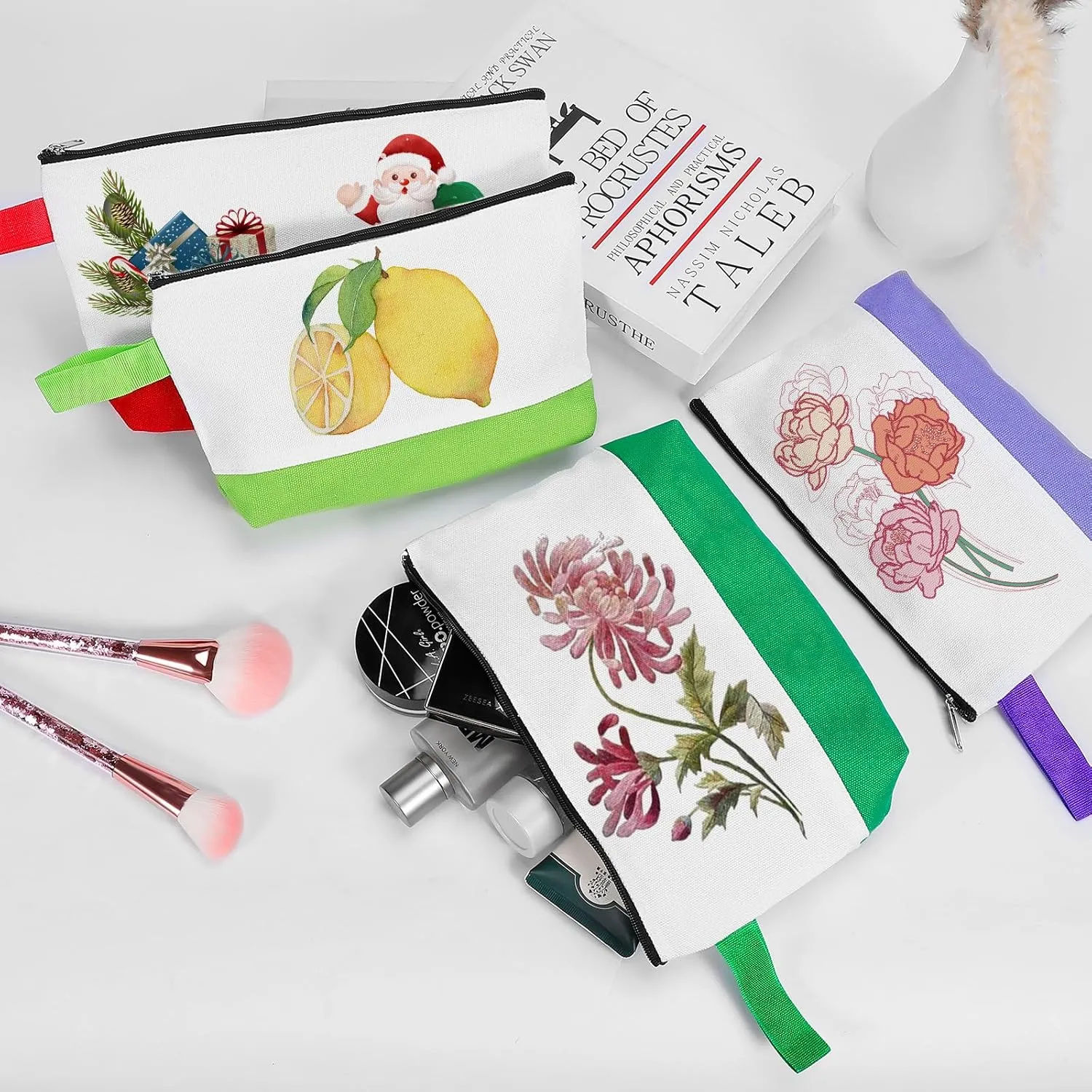 10 Pieces Cotton Canvas Makeup Bag with Bottom and Strap, Multi-Purpose Cosmetic Bag with Zipper Travel Toiletry Pouch, Blank DIY Craft Bag (Multicolor 03, XS)