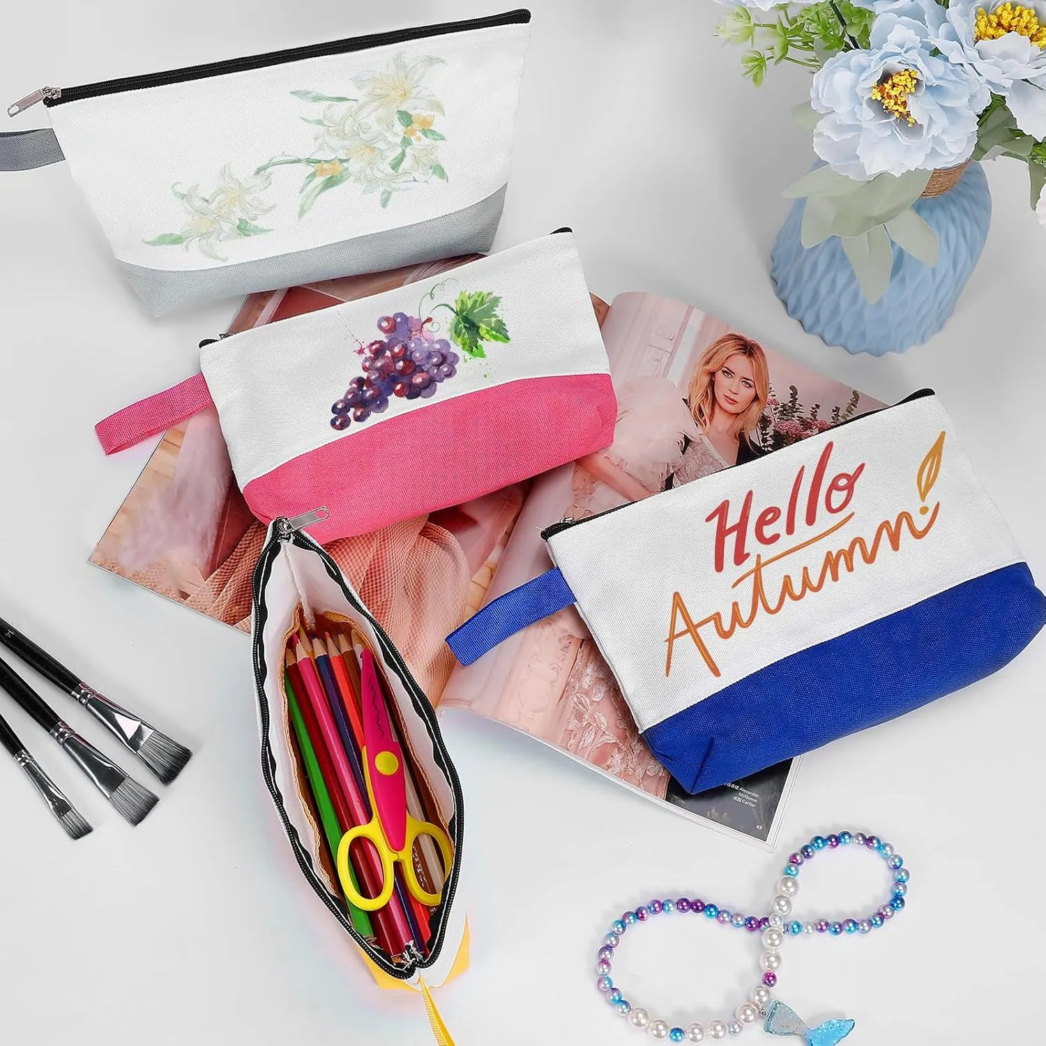 10 Pieces Cotton Canvas Makeup Bag with Bottom and Strap, Multi-Purpose Cosmetic Bag with Zipper Travel Toiletry Pouch, Blank DIY Craft Bag (Multicolor 03, XS)