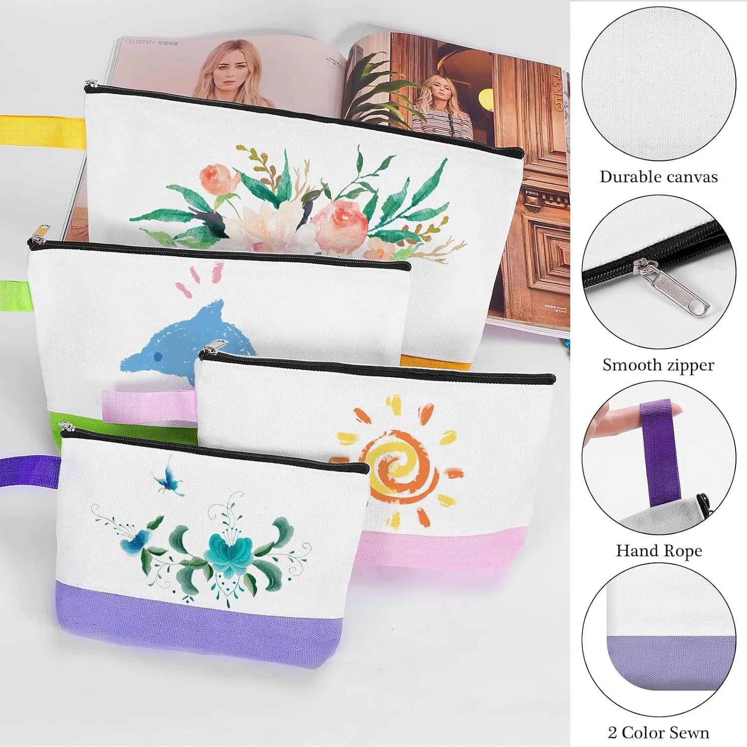 10 Pieces Cotton Canvas Makeup Bag with Bottom and Strap, Multi-Purpose Cosmetic Bag with Zipper Travel Toiletry Pouch, Blank DIY Craft Bag (Multicolor 03, XS)
