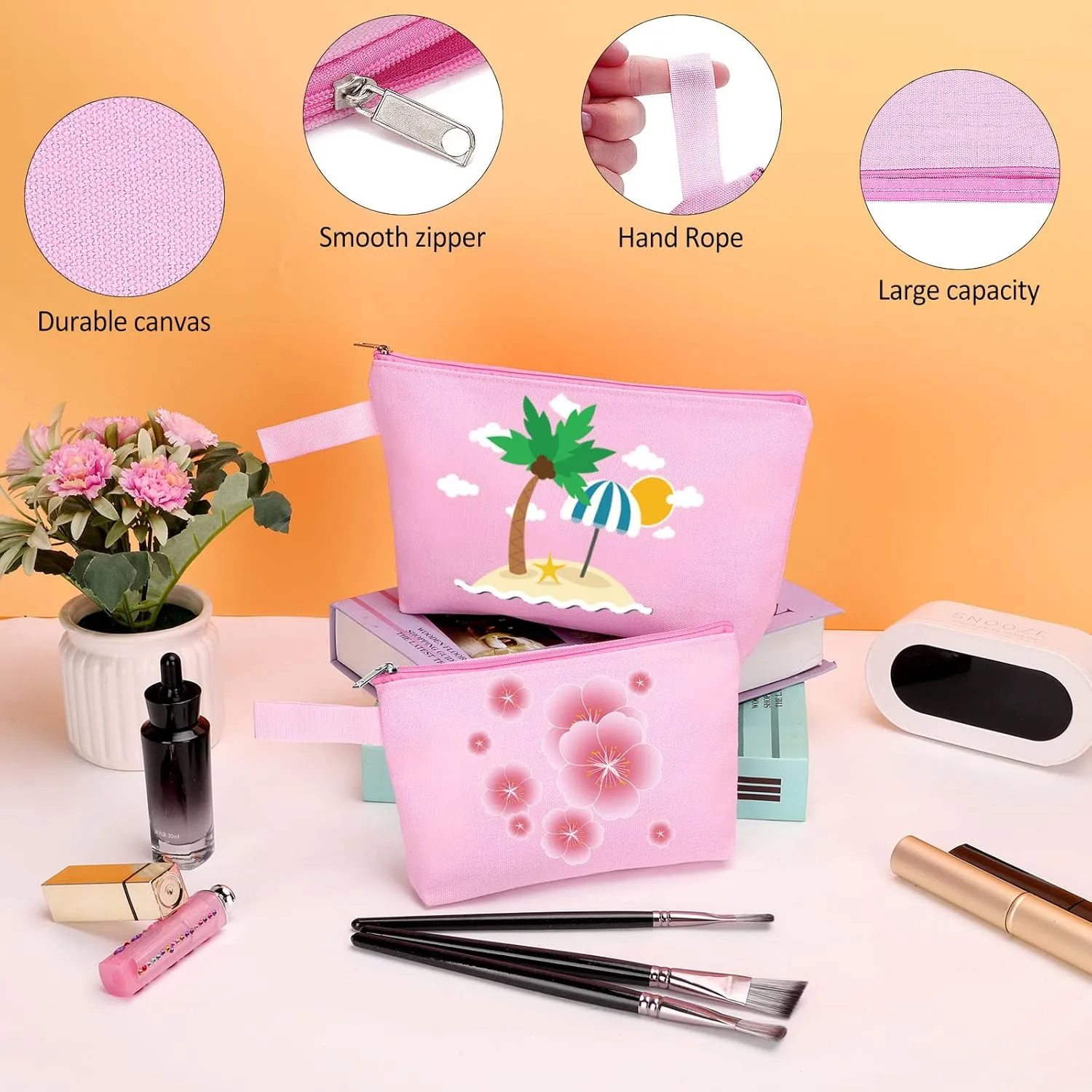 10 Pieces Cotton Canvas Makeup Bag with Bottom and Strap, Multi-Purpose Cosmetic Bag with Zipper Travel Toiletry Pouch, Blank DIY Craft Bag Pencil Bag (Pink, M) (MN-WB07)