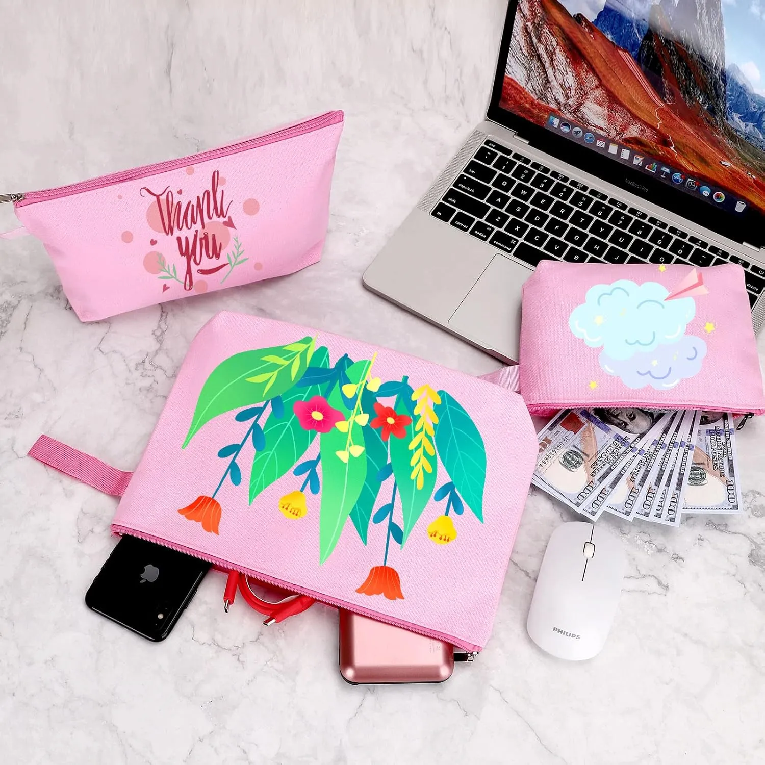 10 Pieces Cotton Canvas Makeup Bag with Bottom and Strap, Multi-Purpose Cosmetic Bag with Zipper Travel Toiletry Pouch, Blank DIY Craft Bag Pencil Bag (Pink, M) (MN-WB07)