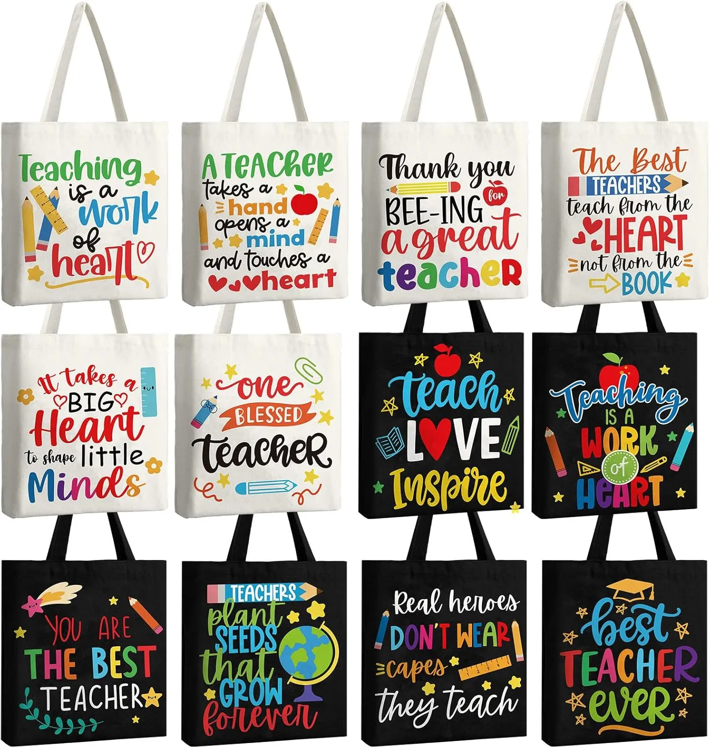 12 Pcs Teacher Appreciation Gifts Teacher Gifts Tote Bags Canvas Reusable Teacher Tote Bag for End of Semester Retirement Teacher Gifts, Black and Beige