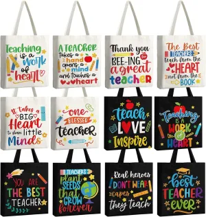 12 Pcs Teacher Appreciation Gifts Teacher Gifts Tote Bags Canvas Reusable Teacher Tote Bag for End of Semester Retirement Teacher Gifts, Black and Beige