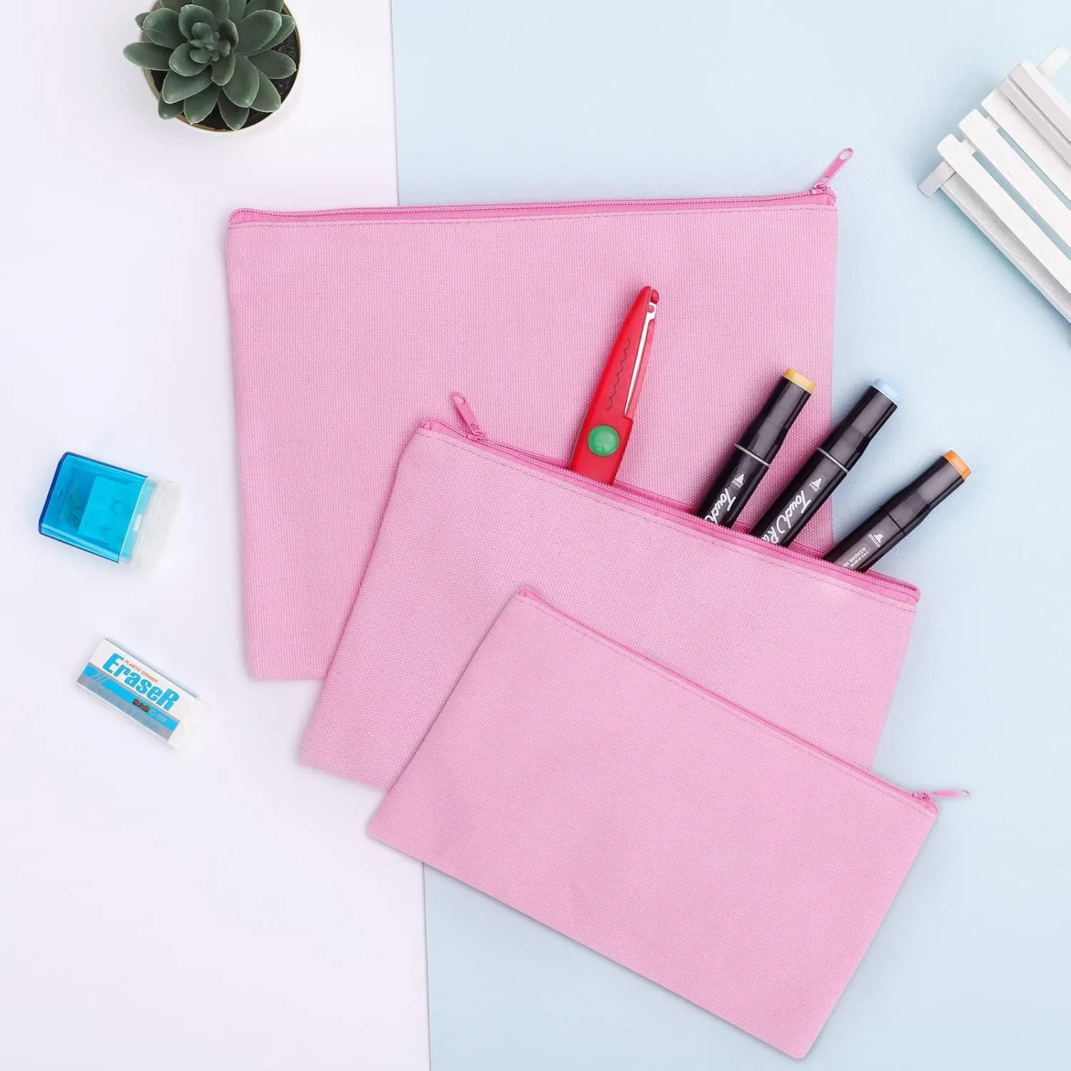 12 Pieces Cotton Canvas Makeup Bag, Multipurpose Cosmetic Bag with Zipper Travel Toiletry Pouch, Blank DIY Craft Bag (Pink, L)