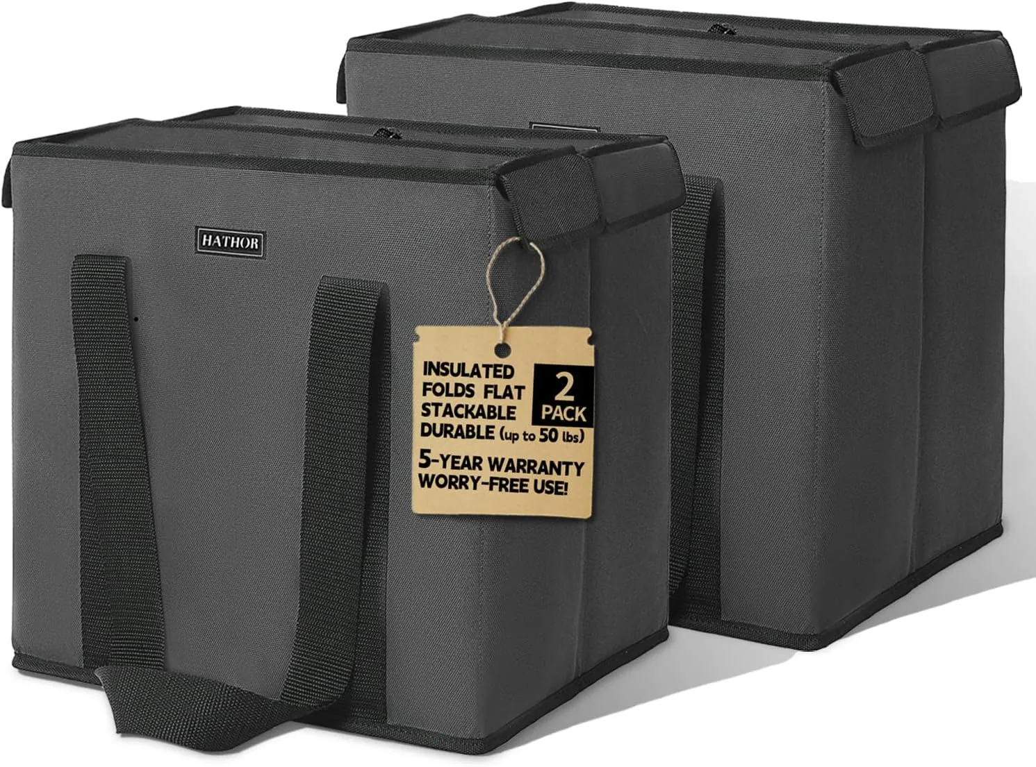 2 Pack Insulated Grocery Bags - Stackable Collapsible Foldable Reusable Cooler Totes for Groceries, Frozen Food & Travel