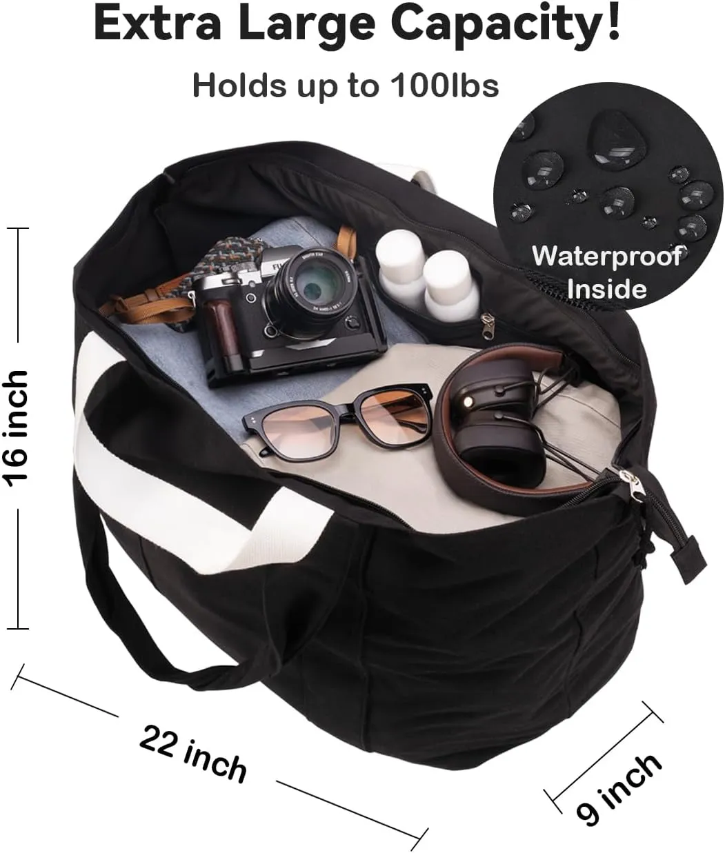 22'' 50L Large Canvas Bag, Extra Large Tote Bag, Oversized Bag, Overnight Bags for Women Travel Black