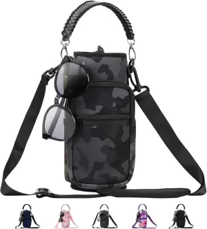 32/40/64/87/128 oz Water Bottle Carrier Bag, Neoprene Water Bottle Sleeve with 4 Pocket, Sport Water Holder with Paracord Handle and Shoulder Strap for Walking Hiking Camping Gym