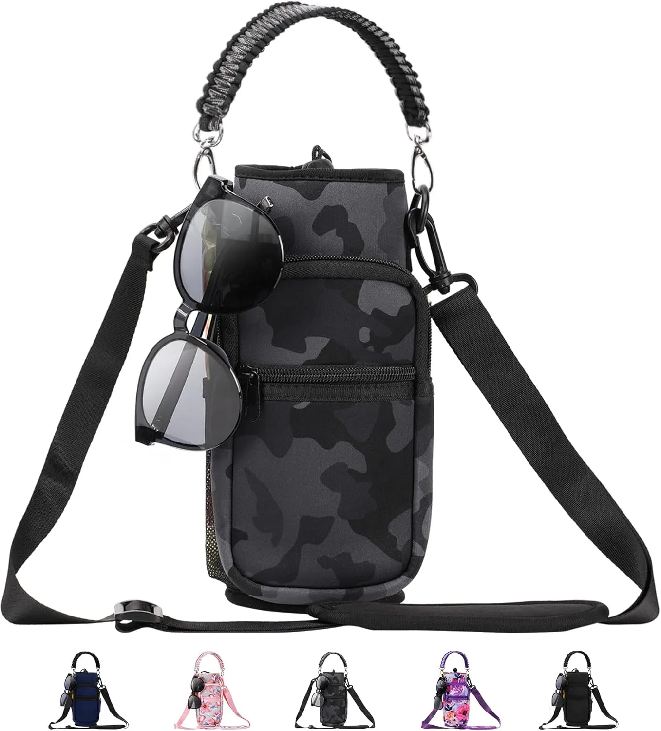 32/40/64/87/128 oz Water Bottle Carrier Bag, Neoprene Water Bottle Sleeve with 4 Pocket, Sport Water Holder with Paracord Handle and Shoulder Strap for Walking Hiking Camping Gym