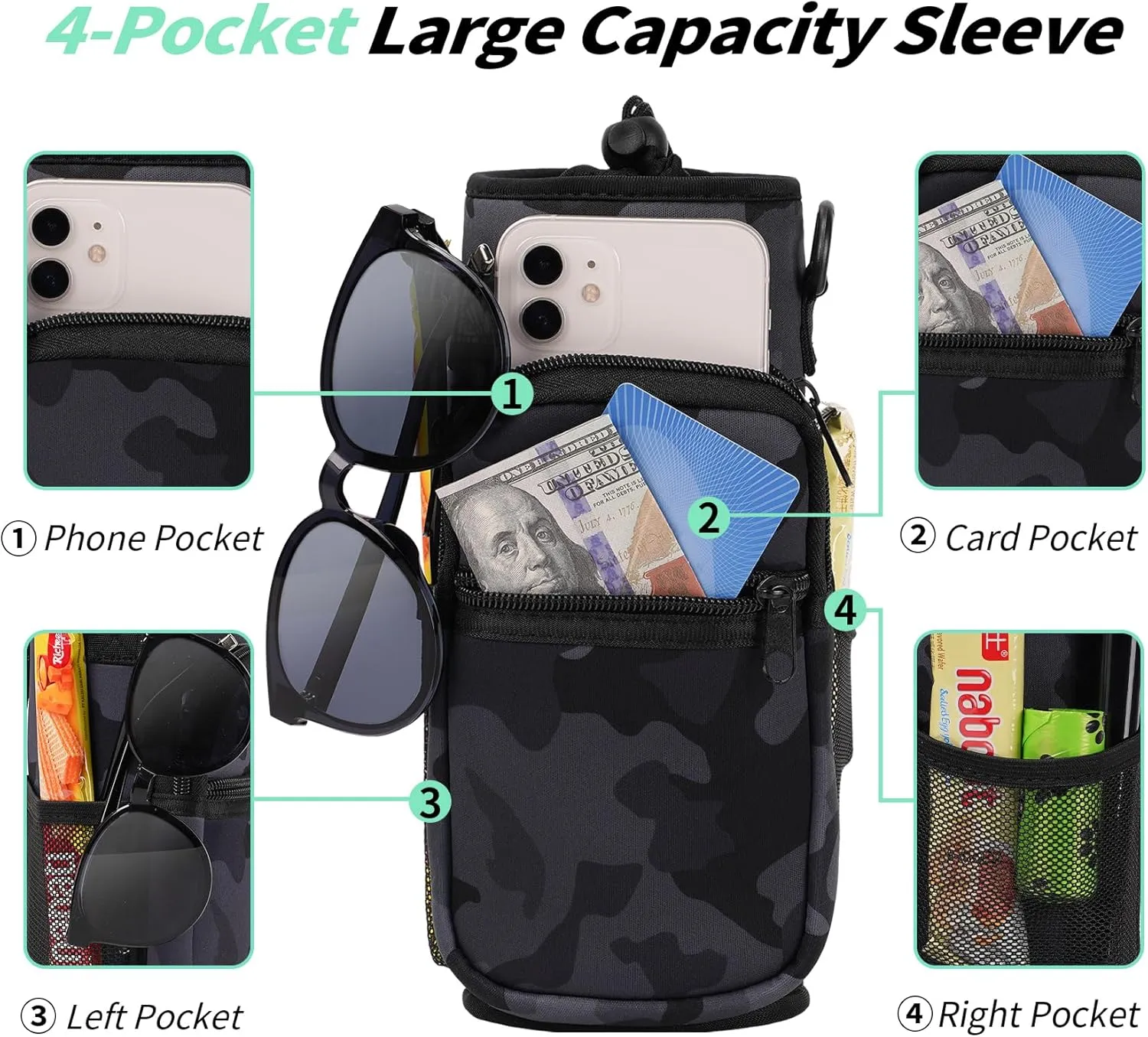 32/40/64/87/128 oz Water Bottle Carrier Bag, Neoprene Water Bottle Sleeve with 4 Pocket, Sport Water Holder with Paracord Handle and Shoulder Strap for Walking Hiking Camping Gym