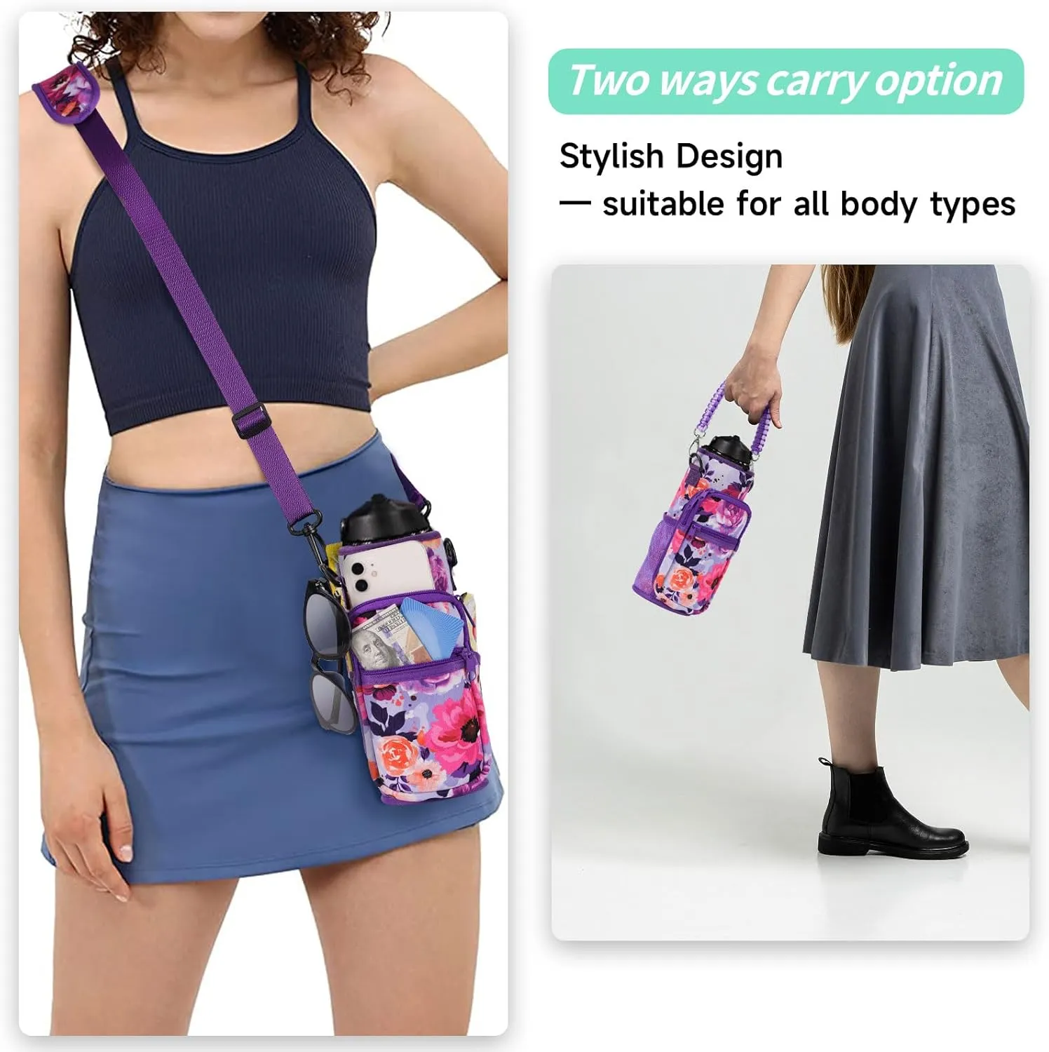 32/40/64/87/128 oz Water Bottle Carrier Bag, Neoprene Water Bottle Sleeve with 4 Pocket, Sport Water Holder with Paracord Handle and Shoulder Strap for Walking Hiking Camping Gym