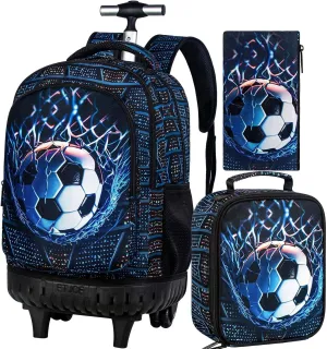 3Pcs Rolling Backpack for Boys Men, Kids Roller Bookbag with Wheels, Soccer Wheeled Backpacks Set for Elementary Toddler(Football)