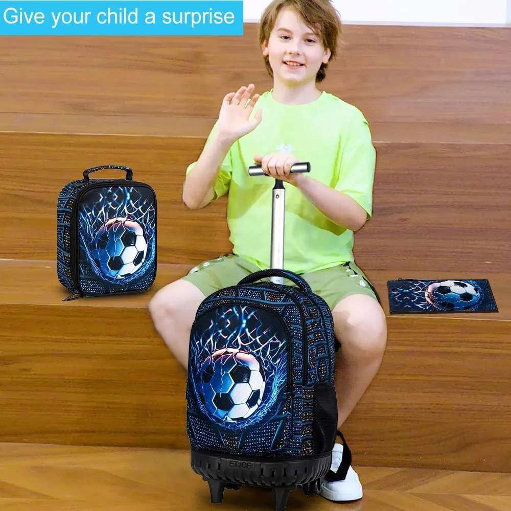 3Pcs Rolling Backpack for Boys Men, Kids Roller Bookbag with Wheels, Soccer Wheeled Backpacks Set for Elementary Toddler(Football)