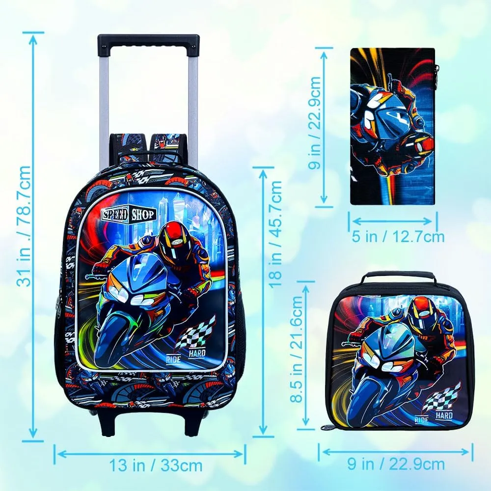 3PCS Rolling Backpack for Girls Boys, Kids Roller Wheeled Bookbag with Lunch Box, Backpacks with Wheels for Elementary