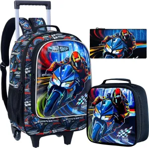 3PCS Rolling Backpack for Girls Boys, Kids Roller Wheeled Bookbag with Lunch Box, Backpacks with Wheels for Elementary