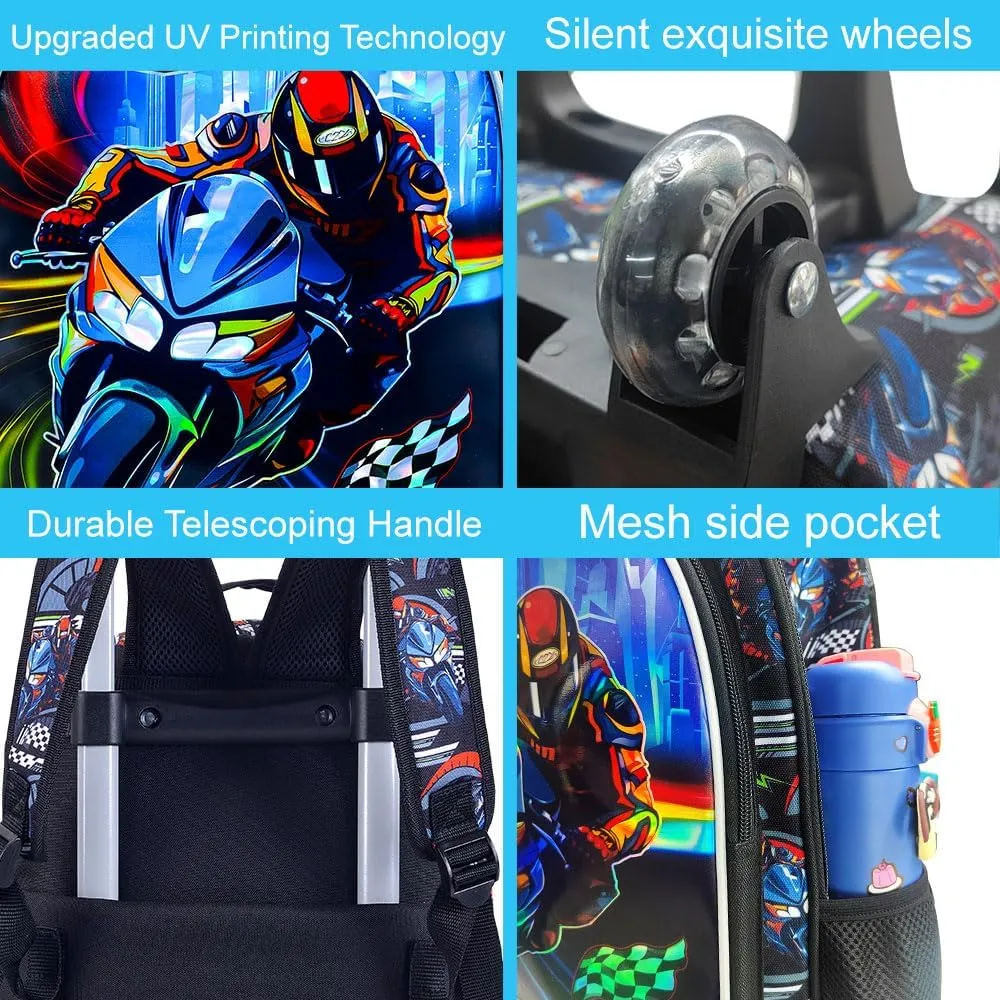 3PCS Rolling Backpack for Girls Boys, Kids Roller Wheeled Bookbag with Lunch Box, Backpacks with Wheels for Elementary
