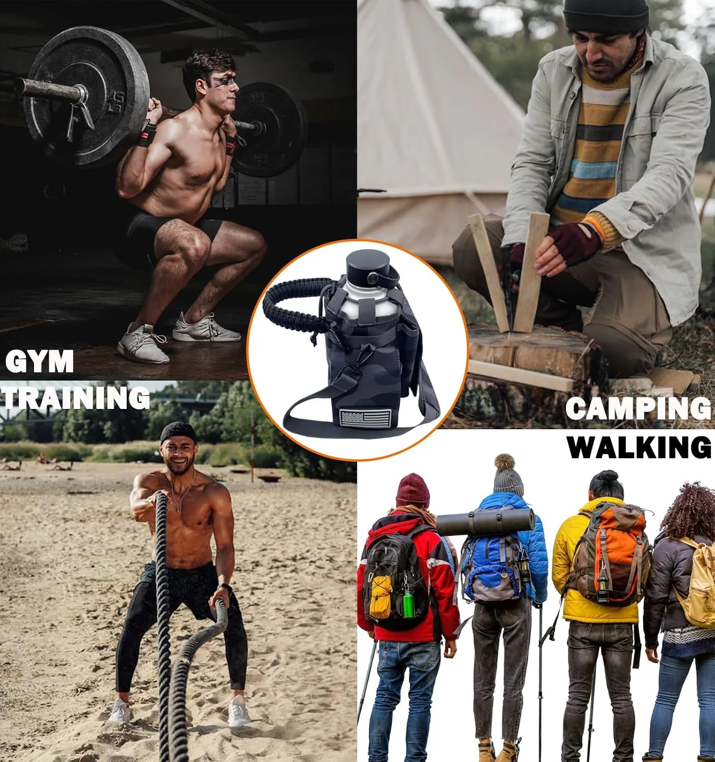 64 oz Insulated Water Bottle Carrier Bag, Half Gallon Water Bottle Jug Sling Bag Sleeve Pouch Holder with Strap & Paracord Handle and 2 Pocket, Tactical Bag for Outdoor Camping, Hiking, Gym