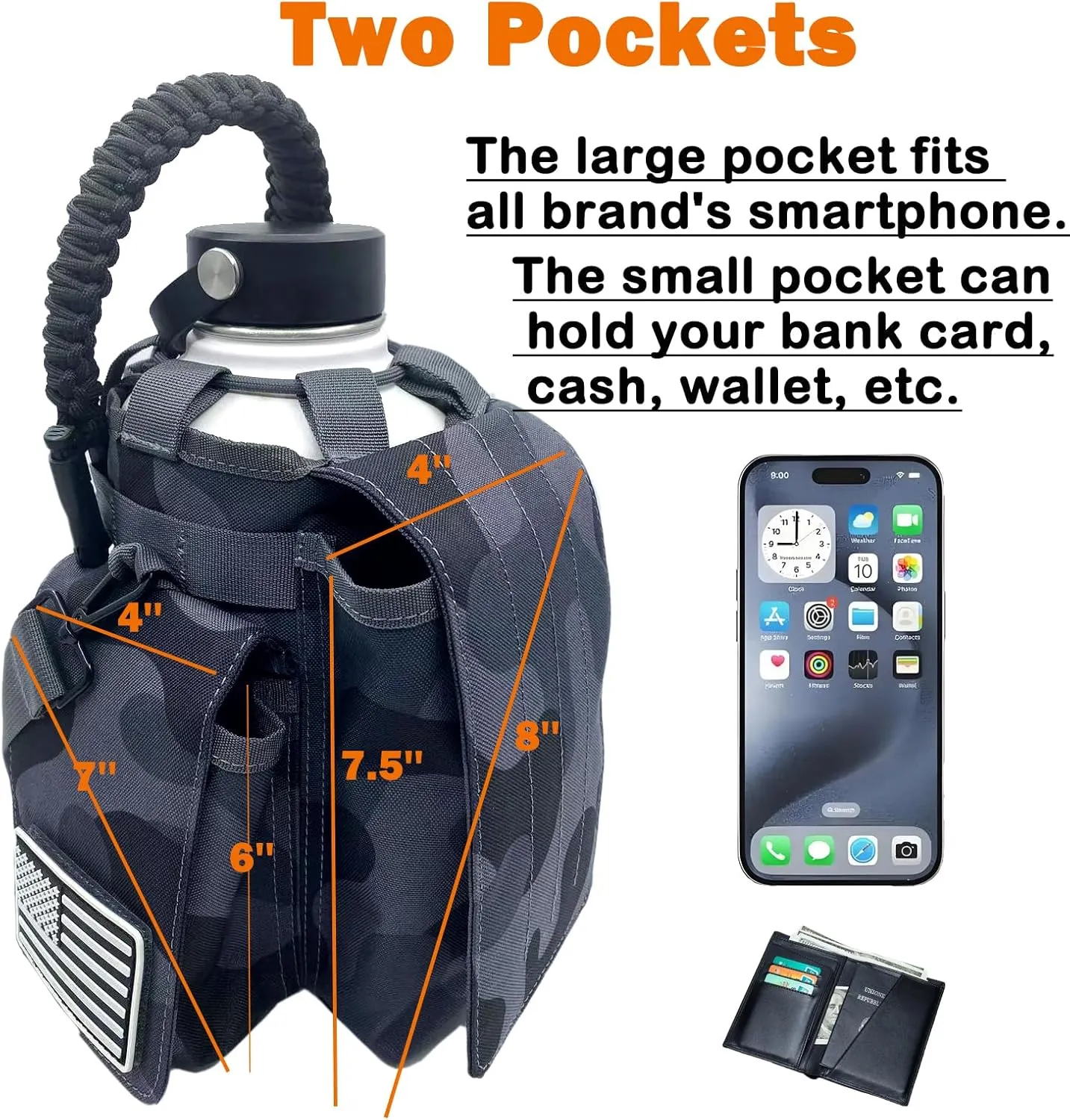 64 oz Insulated Water Bottle Carrier Bag, Half Gallon Water Bottle Jug Sling Bag Sleeve Pouch Holder with Strap & Paracord Handle and 2 Pocket, Tactical Bag for Outdoor Camping, Hiking, Gym