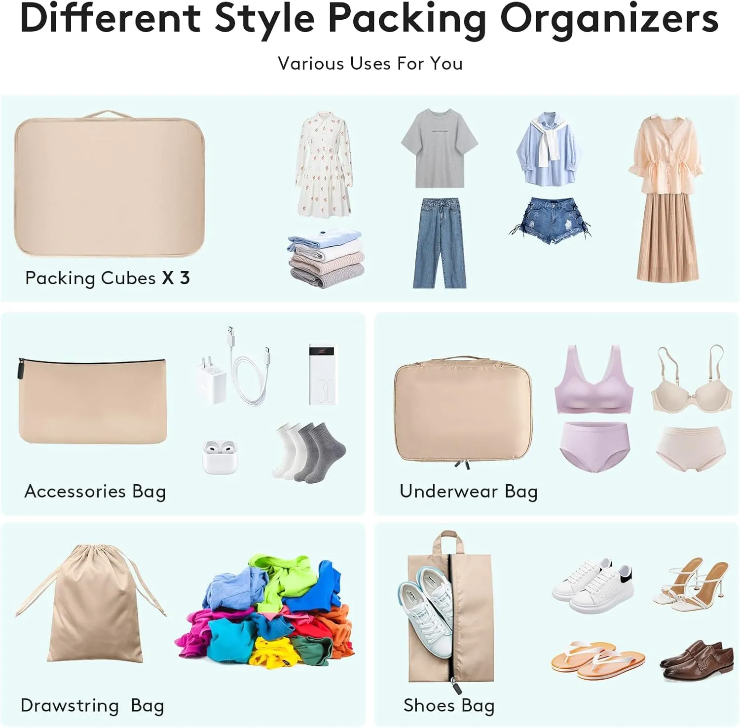 7 Set Packing Cubes Various Sizes Latest Double-Sided Water-Resistant Packing Organizer for Travel Accessories Luggage Carry On Suitcase Cream