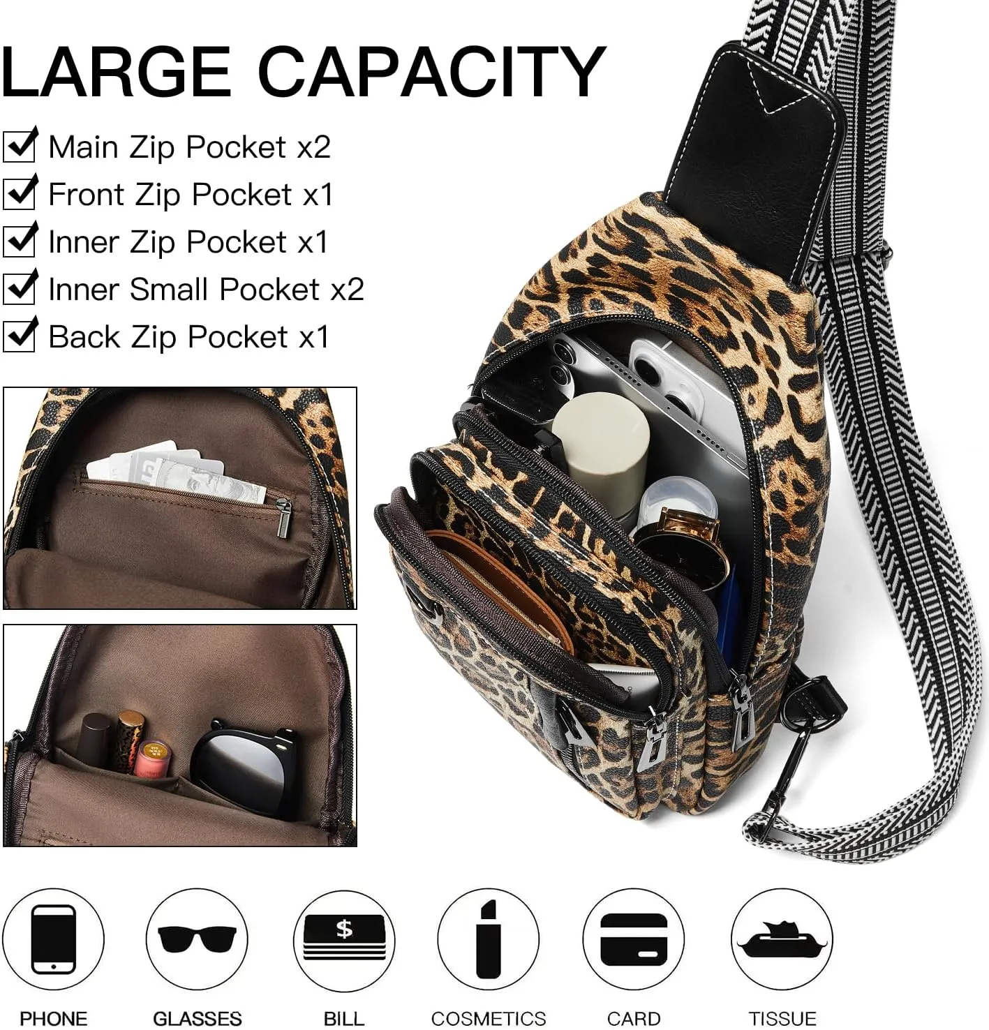 7L Sling Bag for Women Men Leather Small Sling Backpack Daypack Anti Theft Fanny Pack Crossbody Purse Travel