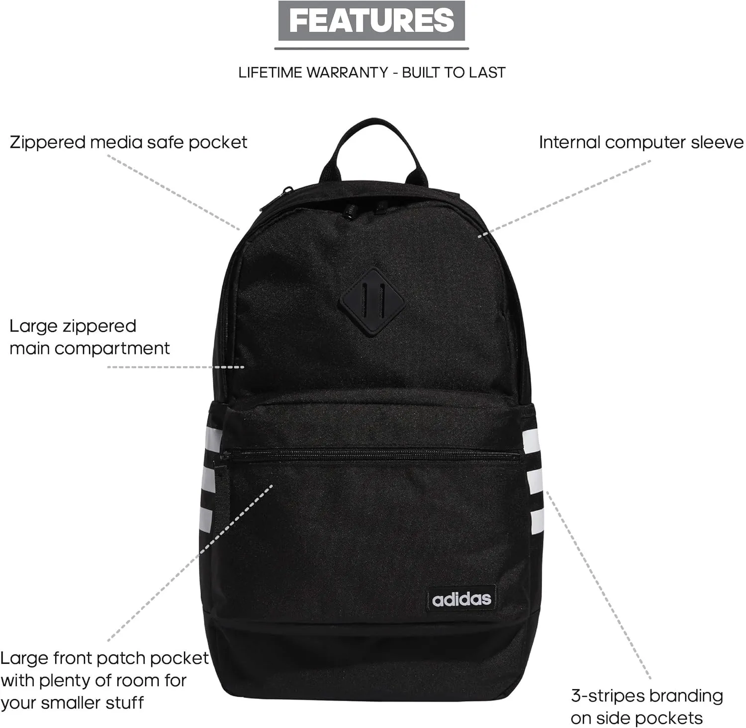 adidas Classic 3S Backpacks, Black/WhiteTest, One Size
