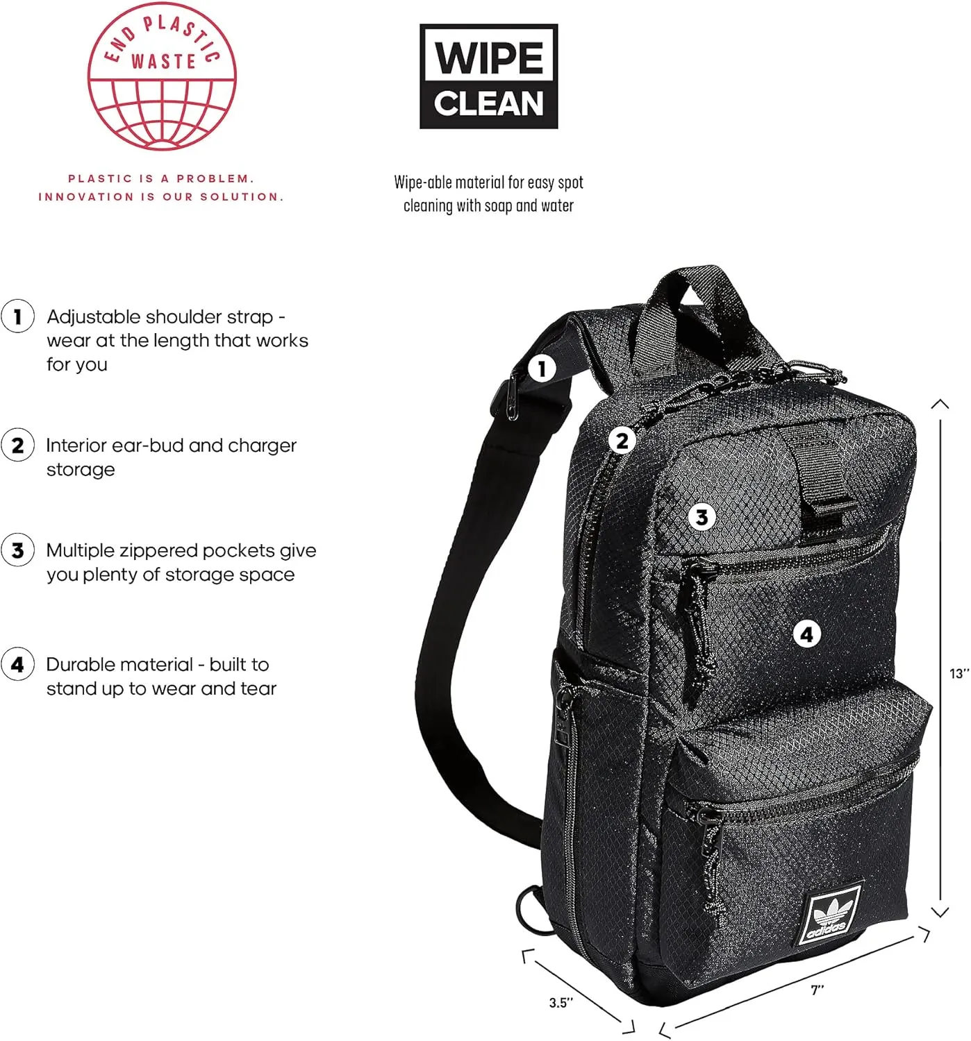adidas Originals Utility Crossbody Sling Bag with Water Bottle Sleeve, Black, One Size