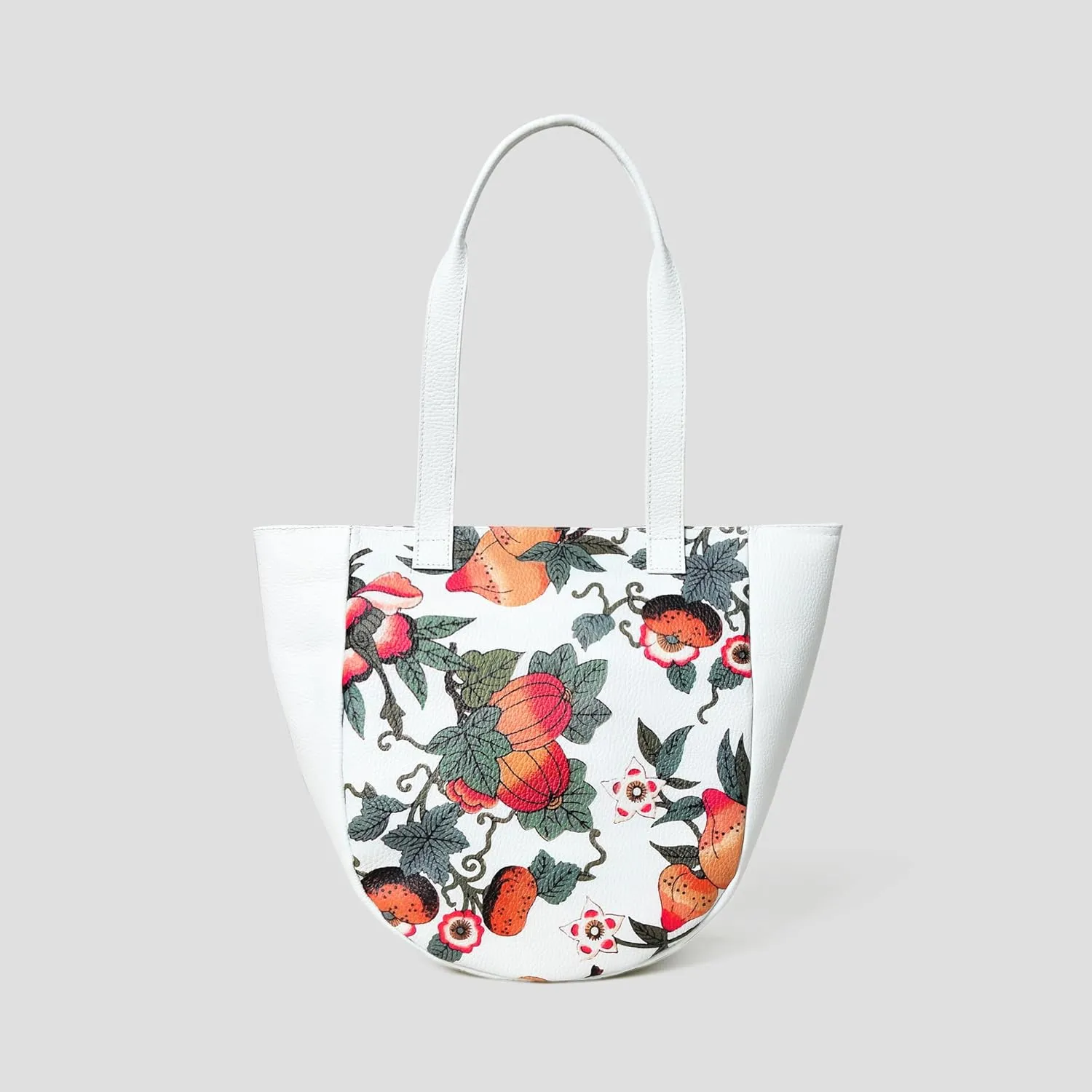 ADYAN Handmade Full Grain Veg Tan Soft Leather Floral Printed Shoulder Tote Bag for Women