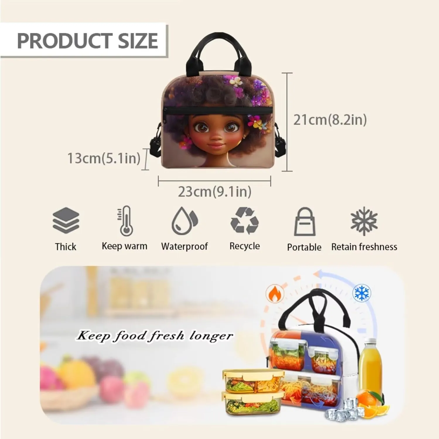 African Girls Insulated Lunch Bag 3 Pack Cooler Food Lunch Box Kids Girl 10-12 Vacuum Girls Water Bottles for School Adjustable Strap Neoprene Crossbody Bottle Sling Bag for Walking