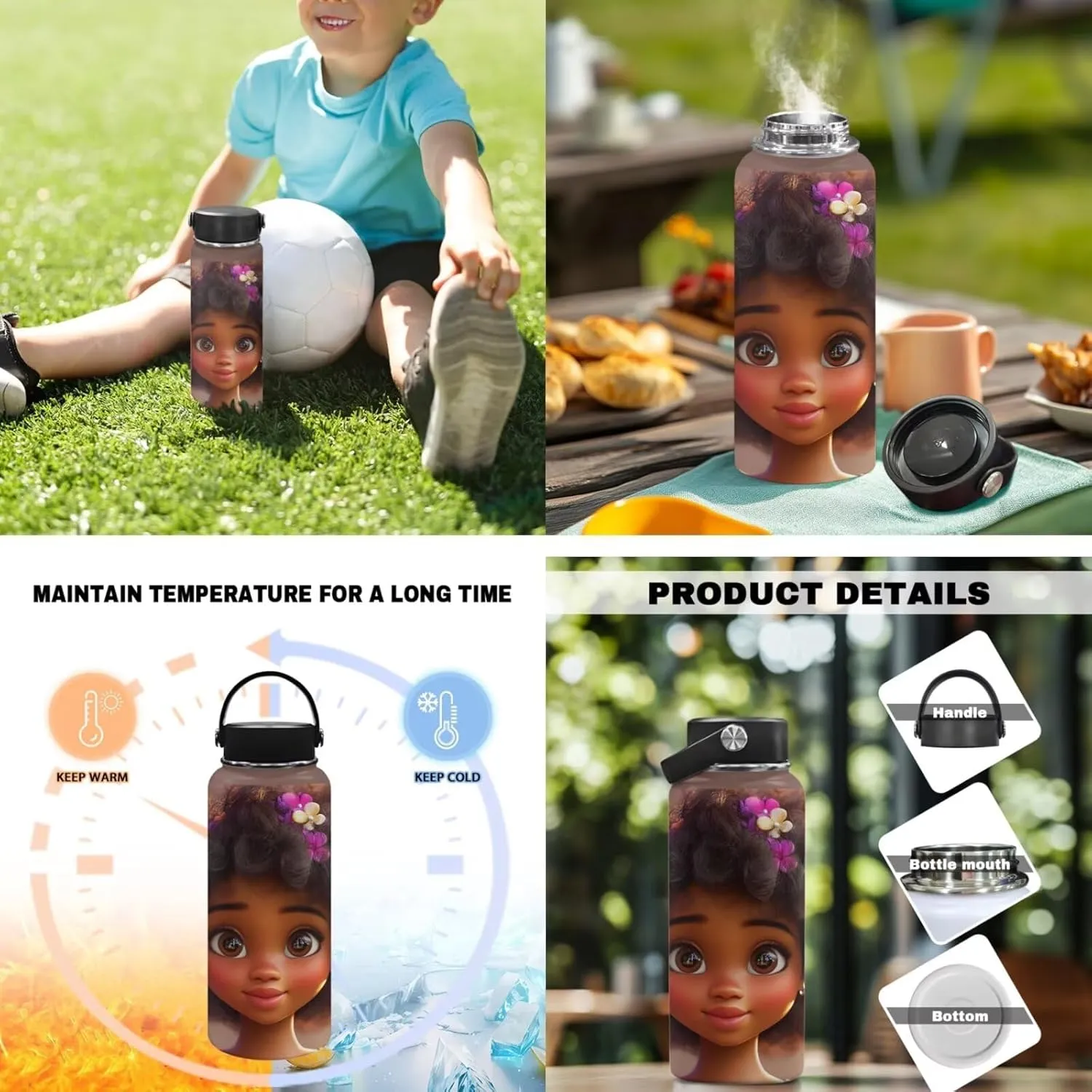 African Girls Insulated Lunch Bag 3 Pack Cooler Food Lunch Box Kids Girl 10-12 Vacuum Girls Water Bottles for School Adjustable Strap Neoprene Crossbody Bottle Sling Bag for Walking