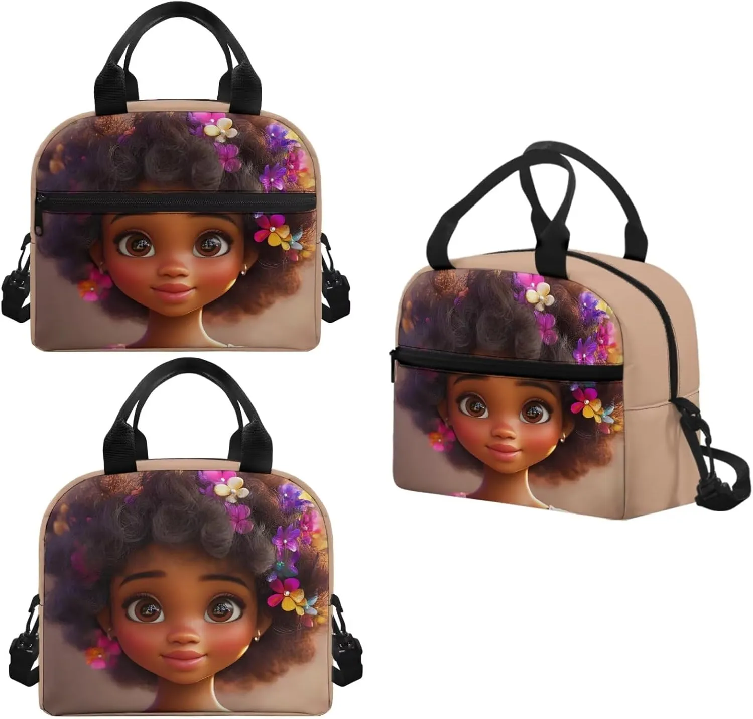 African Girls Insulated Lunch Bag 3 Pack Cooler Food Lunch Box Kids Girl 10-12 Vacuum Girls Water Bottles for School Adjustable Strap Neoprene Crossbody Bottle Sling Bag for Walking