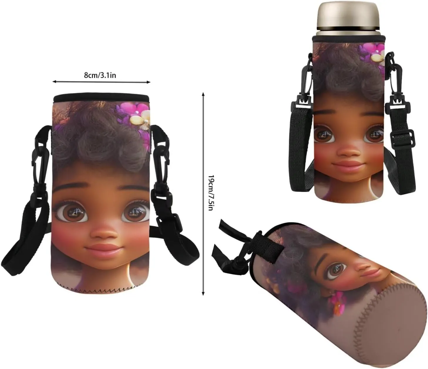 African Girls Insulated Lunch Bag 3 Pack Cooler Food Lunch Box Kids Girl 10-12 Vacuum Girls Water Bottles for School Adjustable Strap Neoprene Crossbody Bottle Sling Bag for Walking