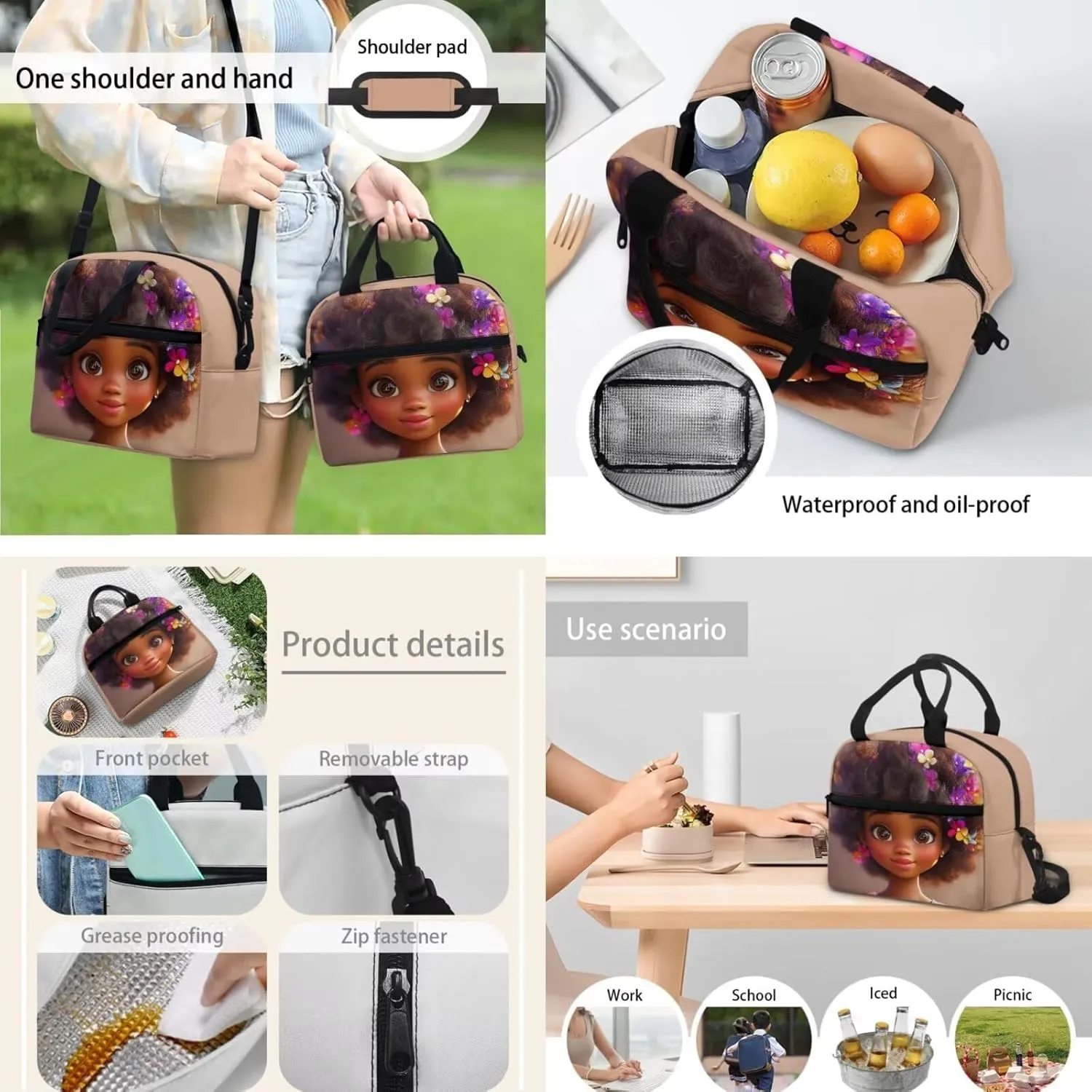 African Girls Insulated Lunch Bag 3 Pack Cooler Food Lunch Box Kids Girl 10-12 Vacuum Girls Water Bottles for School Adjustable Strap Neoprene Crossbody Bottle Sling Bag for Walking
