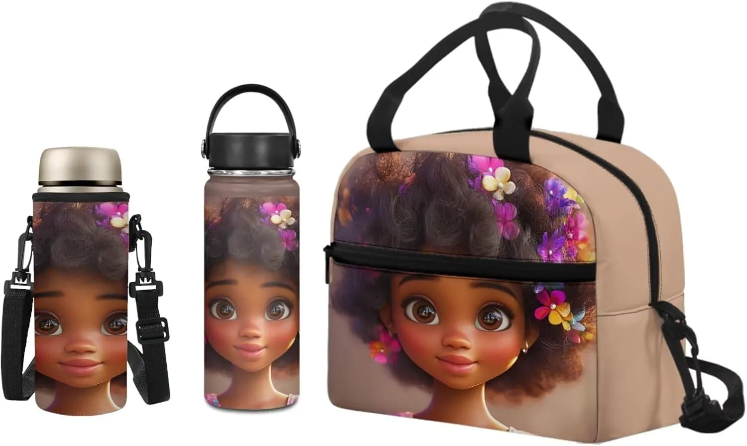African Girls Insulated Lunch Bag 3 Pack Cooler Food Lunch Box Kids Girl 10-12 Vacuum Girls Water Bottles for School Adjustable Strap Neoprene Crossbody Bottle Sling Bag for Walking