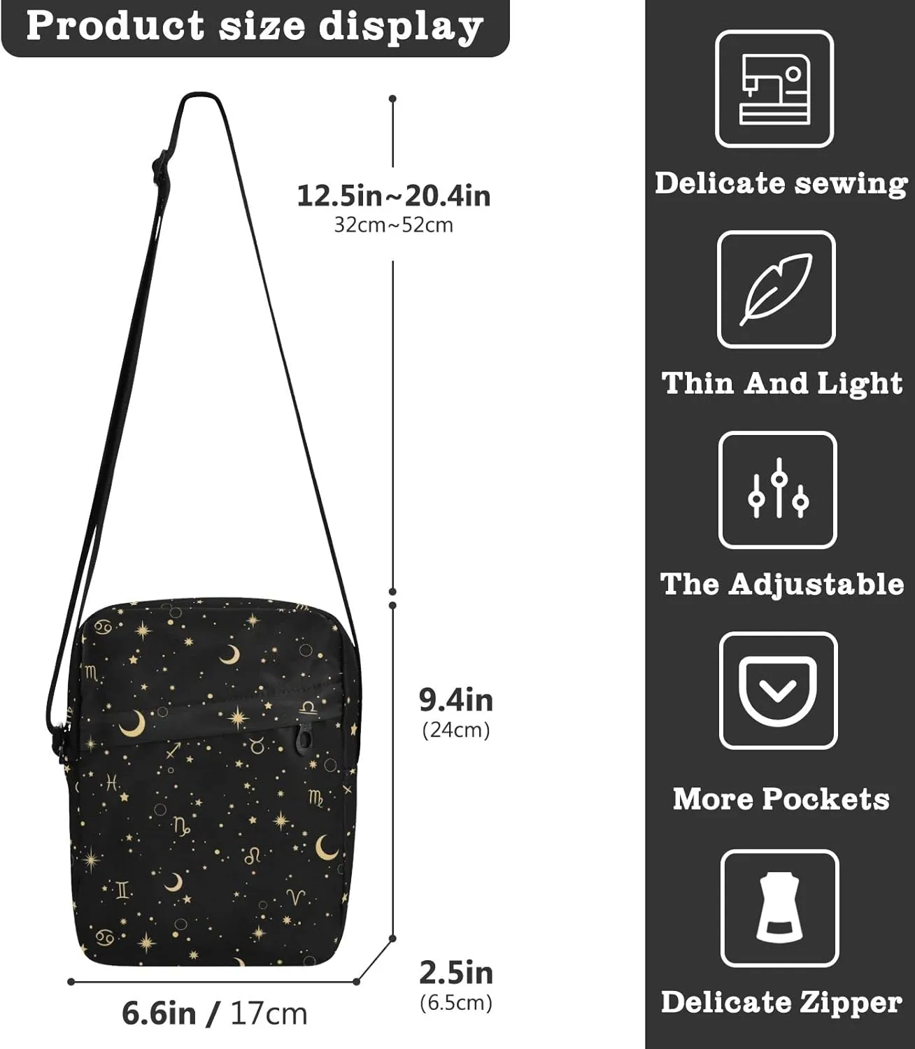 ALAZA Moon Star Zodiac Crossbody Bag Small Messenger Bag Shoulder Bag with Zipper for Women Men