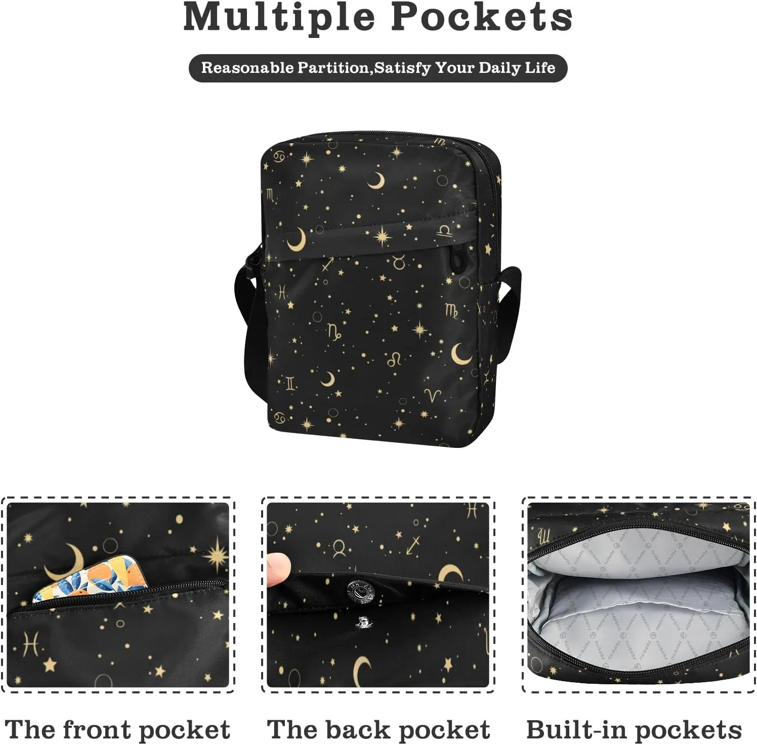 ALAZA Moon Star Zodiac Crossbody Bag Small Messenger Bag Shoulder Bag with Zipper for Women Men