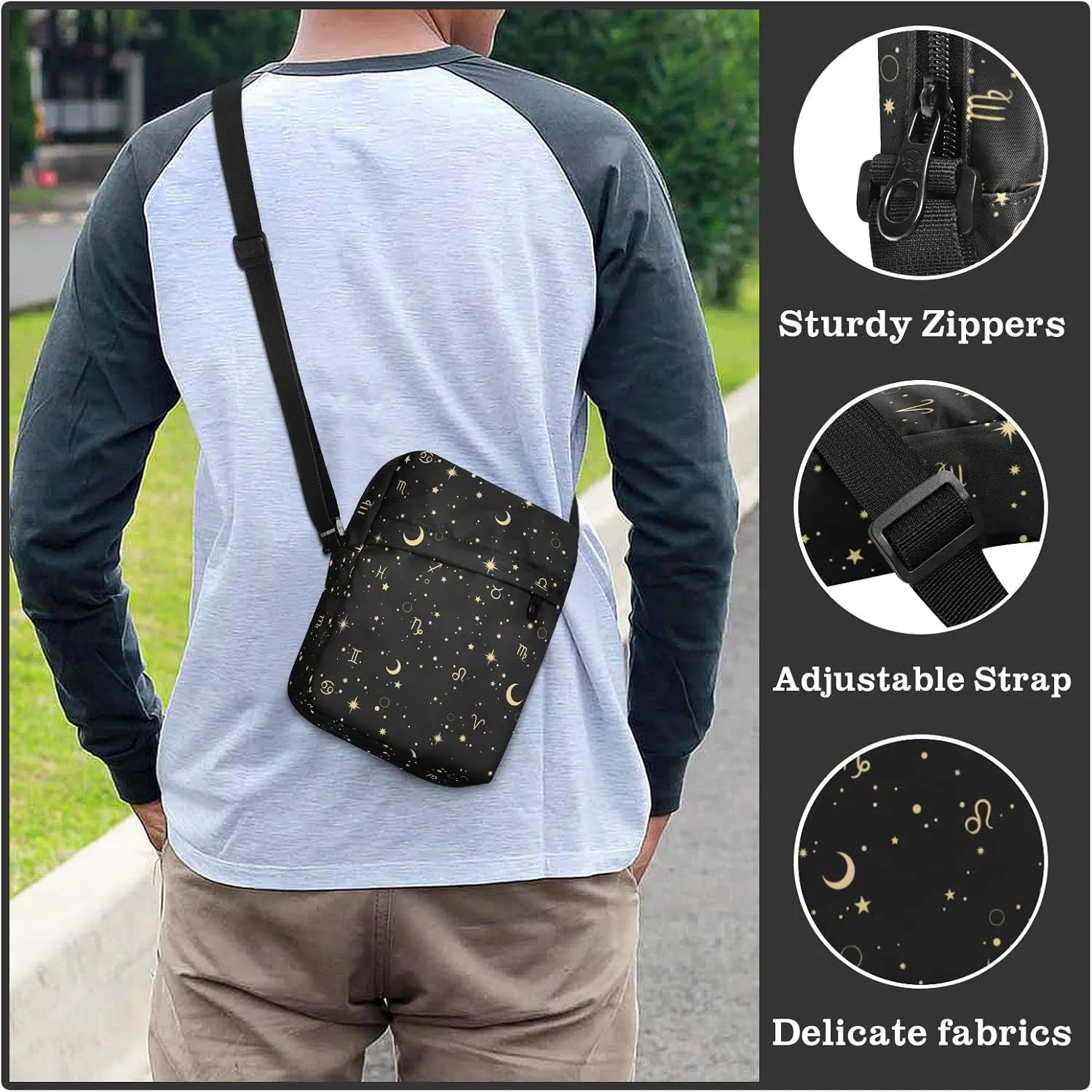 ALAZA Moon Star Zodiac Crossbody Bag Small Messenger Bag Shoulder Bag with Zipper for Women Men
