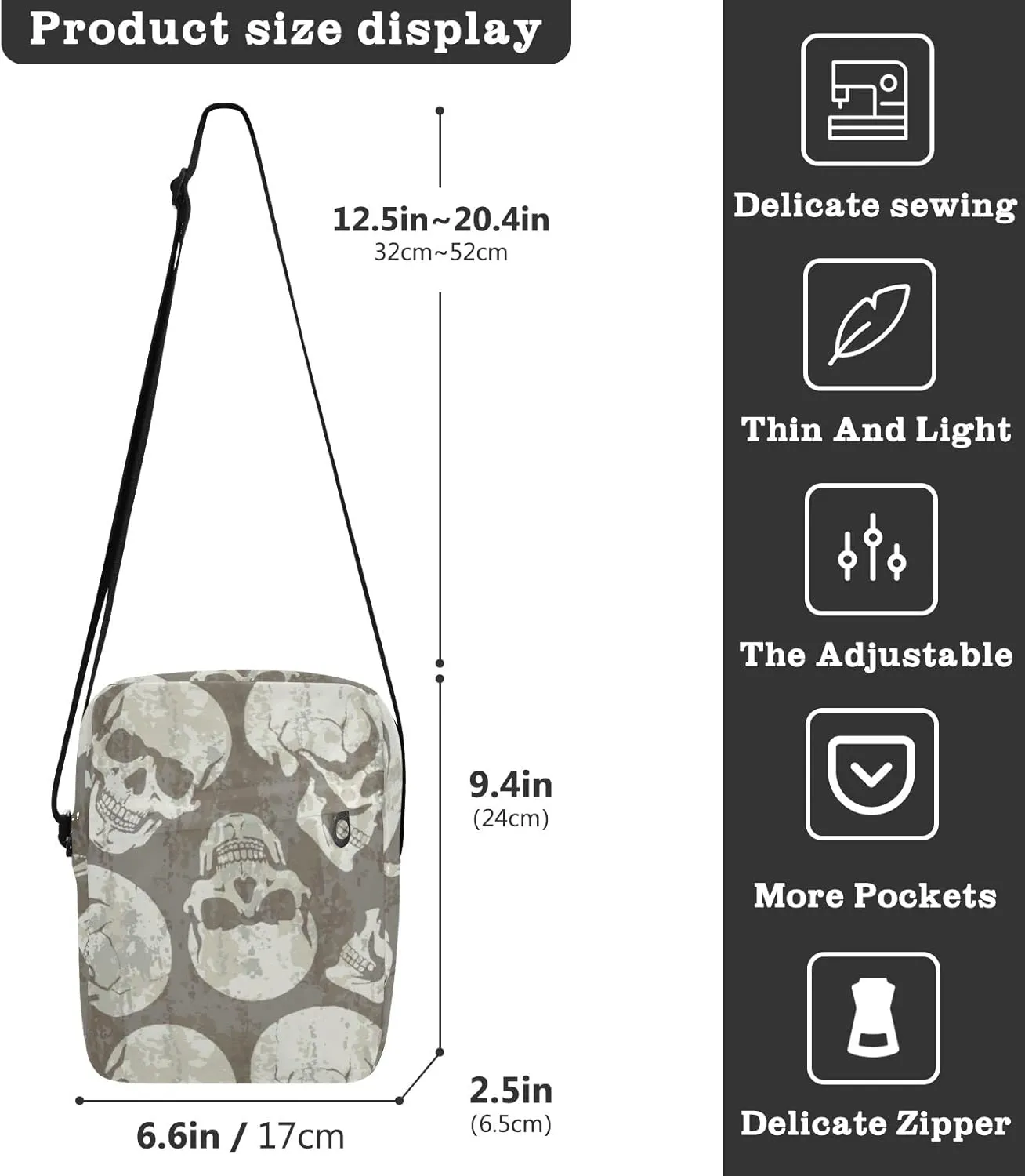 ALAZA Old Style Skull Crossbody Bag Small Messenger Bag Shoulder Bag with Zipper for Women Men