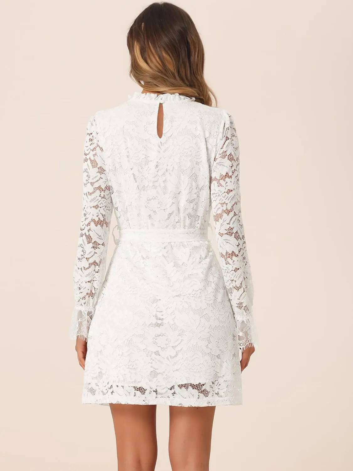 Allegra K Women's Cocktail Elegant Ruffle Crew Neck Floral Lace Shift Dress