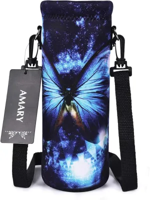 AMARY 500ML Neoprene Water Bottle Carrier Bag with Adjustable Shoulder Strap,Insulated Water Bottle Cover for Stainless Steel/Glass/Plastic Bottles 16.9OZ (Butterfly-1)
