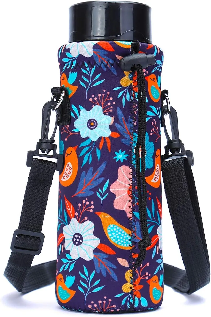 AMARY 750ML Neoprene Water Bottle Carrier Bag with Adjustable Shoulder Strap,Insulated Water Bottle Cover for Stainless Steel/Glass/Plastic Bottles 24OZ (Birds)