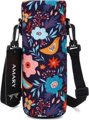 AMARY 750ML Neoprene Water Bottle Carrier Bag with Adjustable Shoulder Strap,Insulated Water Bottle Cover for Stainless Steel/Glass/Plastic Bottles 24OZ (Birds)