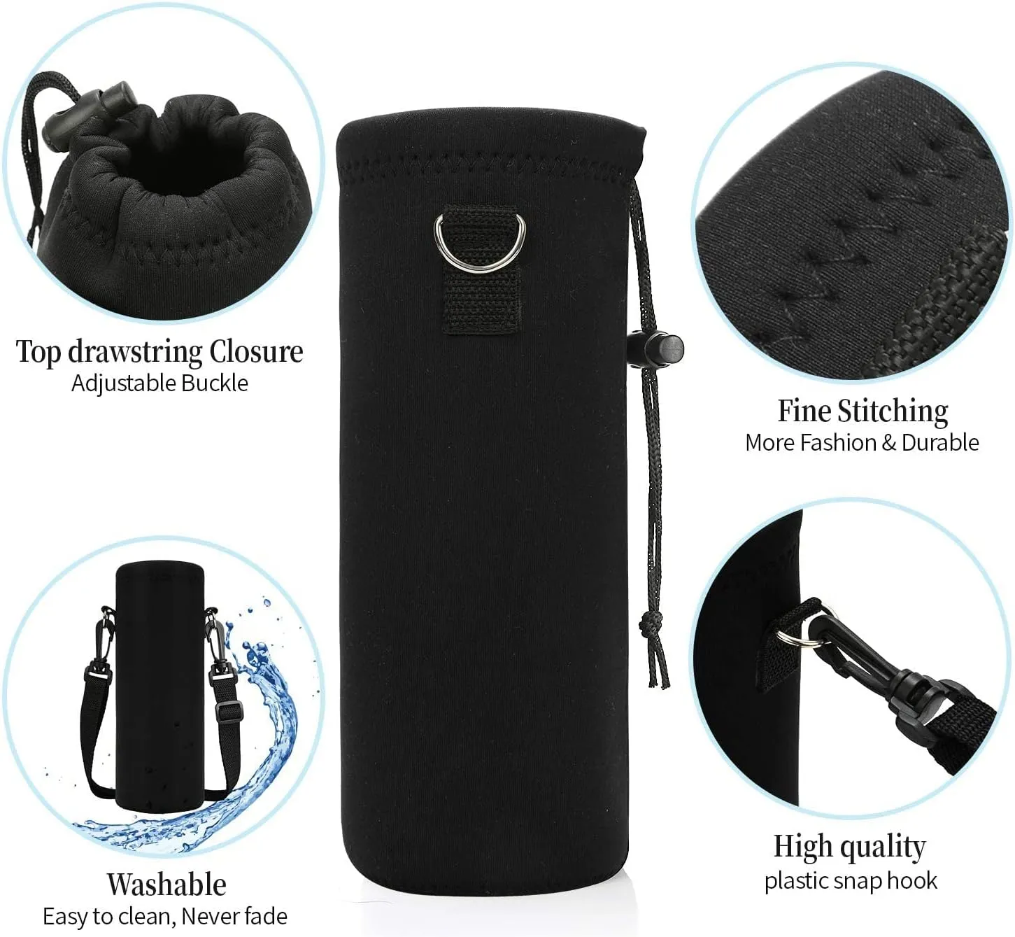 AMARY 750ML Neoprene Water Bottle Carrier Bag with Adjustable Shoulder Strap,Insulated Water Bottle Cover for Stainless Steel/Glass/Plastic Bottles 24OZ (Black)