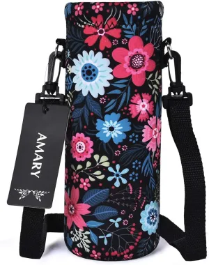 AMARY 750ML Neoprene Water Bottle Carrier Bag with Adjustable Shoulder Strap,Insulated Water Bottle Cover for Stainless Steel/Glass/Plastic Bottles 24OZ (Flowers-1)