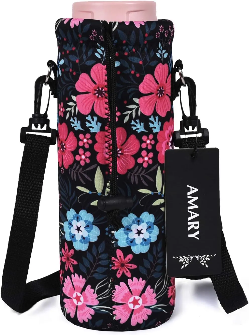 AMARY 750ML Neoprene Water Bottle Carrier Bag with Adjustable Shoulder Strap,Insulated Water Bottle Cover for Stainless Steel/Glass/Plastic Bottles 24OZ (Flowers-1)