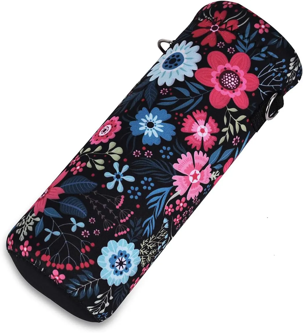 AMARY 750ML Neoprene Water Bottle Carrier Bag with Adjustable Shoulder Strap,Insulated Water Bottle Cover for Stainless Steel/Glass/Plastic Bottles 24OZ (Flowers-1)