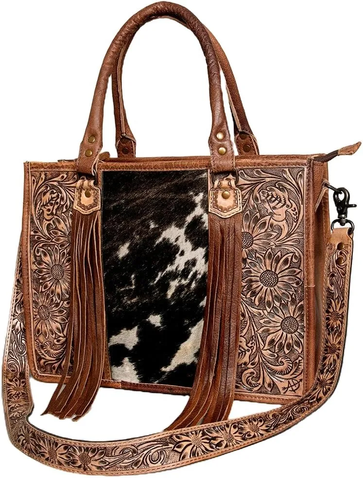 American Darling Tote ADBG230BKW Hand Carved Leather and genuine Cow Hide