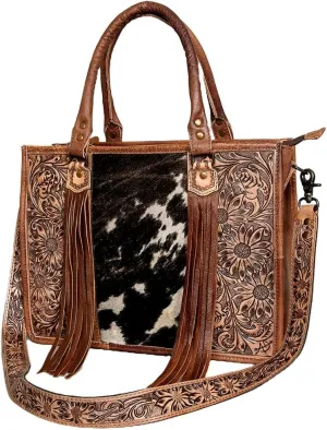 American Darling Tote ADBG230BKW Hand Carved Leather and genuine Cow Hide