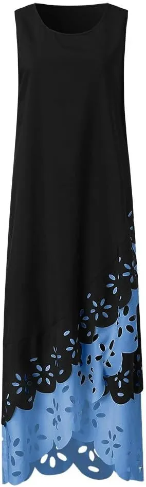 and Blue Floral Sleeveless Maxi Dress for Women with V-Neck and Elegant Design