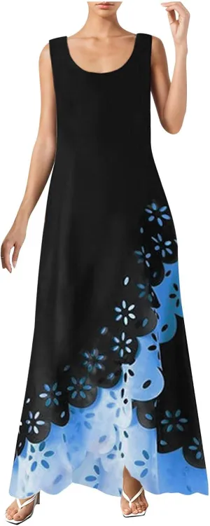 and Blue Floral Sleeveless Maxi Dress for Women with V-Neck and Elegant Design
