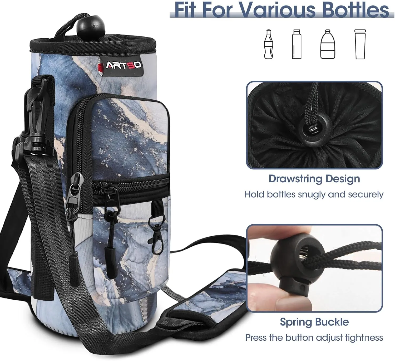 ARTSO Water Bottle Carrier Bag Sling Holder Pouch, 25oz 32oz 40oz 64oz Insulated Water Bottle Sleeve Case Cover with Adjustable Shoulder Hand Strap Pocket for Men Women (40oz,Gilt Dark Blue Marble)