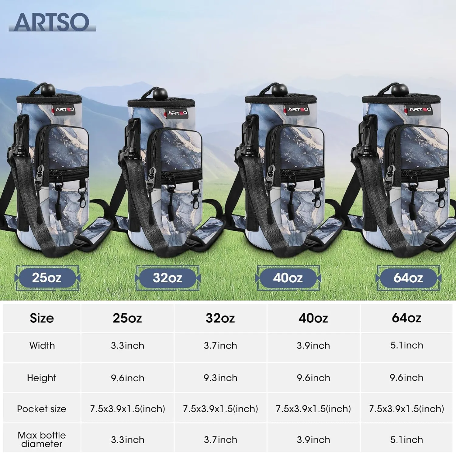 ARTSO Water Bottle Carrier Bag Sling Holder Pouch, 25oz 32oz 40oz 64oz Insulated Water Bottle Sleeve Case Cover with Adjustable Shoulder Hand Strap Pocket for Men Women (40oz,Gilt Dark Blue Marble)